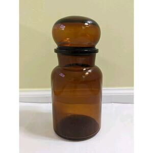 Vintage Brown Glass Apothecary 8.75" Jar Made in Belgium Mushroom Lid Vtg